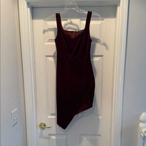 Burgundy velvet asymmetric mini dress